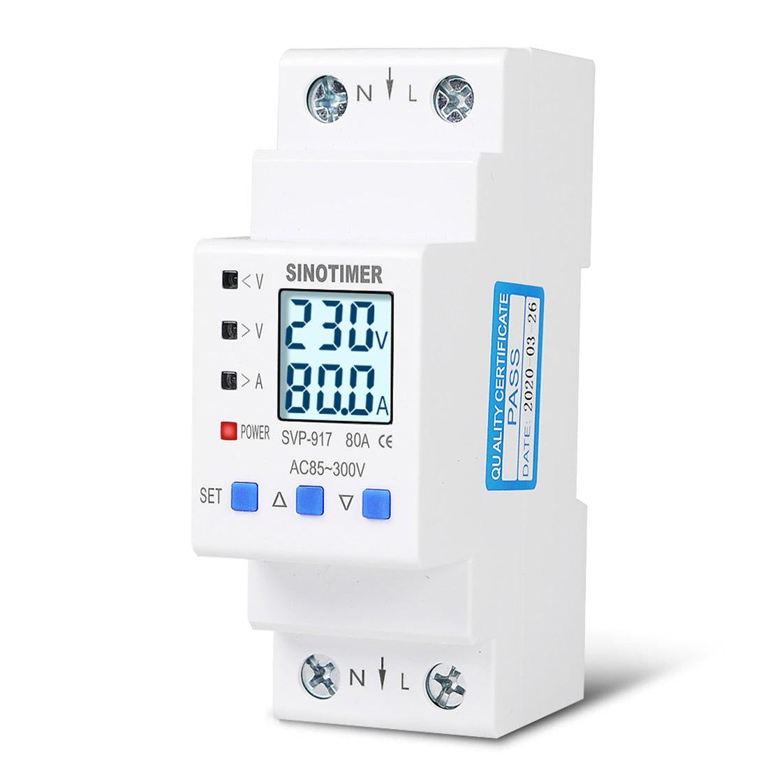 Releu siguranta digitala protectie tensiune, Sinotimer, intre 1- 63A programabil ,ecran LED, arata consum kWh, SVP-917-63A